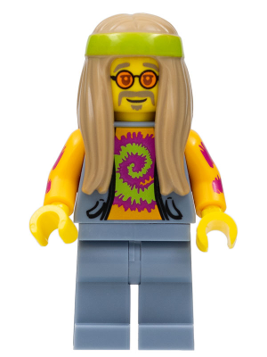 Flower Child, Dark Tan Long Hair, Orange Glasses and Tie Dye Shirt