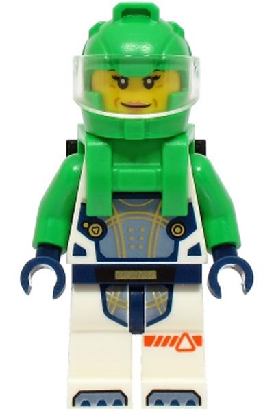 Astronaut - Female, White Spacesuit with Bright Green Arms, Bright Green Helmet, Trans-Clear Visor, Bright Green Harness with Solar Panel, Closed Mouth