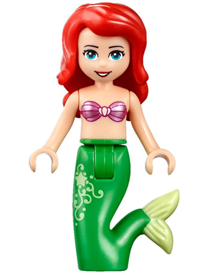 Ariel, Mermaid (Light Nougat) - Metallic Pink Shell Bra Top, Bright Green Tail with Star and Filigree, Medium Azure Eyes
