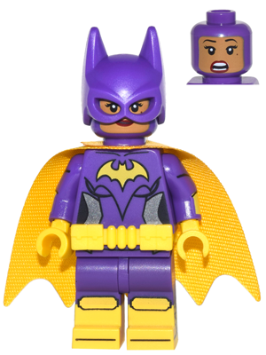 Batgirl - Minifigure, Dark Purple Suit, Yellow Cape, Smirk / Surprised + Base