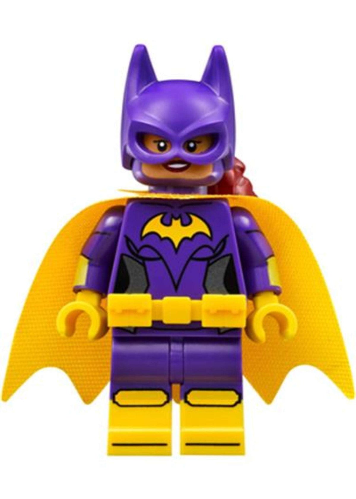 Batgirl - Minifigure, Dark Purple Suit, Yellow Cape, Open Mouth Smile / Concerned