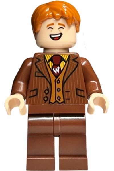 George Weasley - Reddish Brown Suit, Dark Red Tie, Smiling / Laughing
