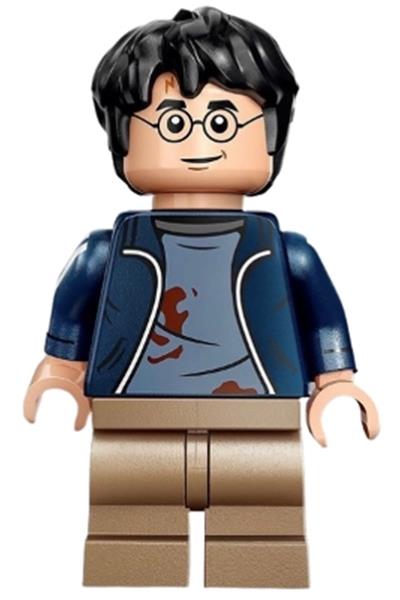 Harry Potter - Dark Blue Open Jacket over Sand Blue Shirt with Dirt Stains, Printed Arms, Dark Tan Medium Legs