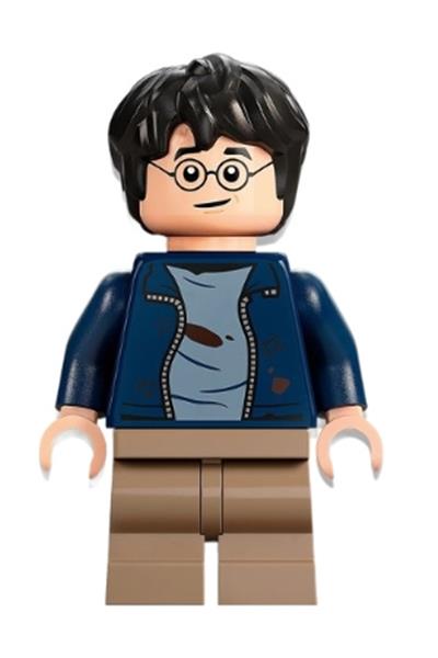 Harry Potter - Dark Blue Open Jacket over Sand Blue Shirt with Dirt Stains, Dark Tan Medium Legs, Lopsided Grin / Open Mouth Smile with Teeth Parted