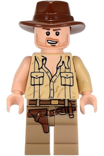 Indiana Jones - Tan Open Collar Shirt, Reddish Brown Fedora, Open Mouth Lopsided Grin