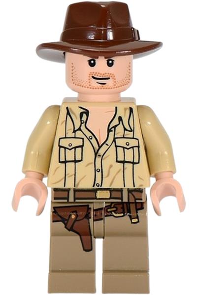 Indiana Jones - Tan Open Collar Shirt, Reddish Brown Fedora, Closed Mouth Lopsided Grin