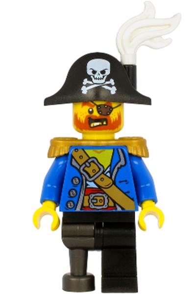 Pirate Captain - Bicorne Hat with Skull and White Plume, Pearl Gold Epaulettes, Blue Open Coat, Black Leg and Pearl Dark Gray Peg Leg