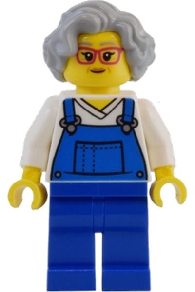 Street Vendor - Female, Blue Overalls over V-Neck Shirt, Blue Legs, Light Bluish Gray Hair, Glasses